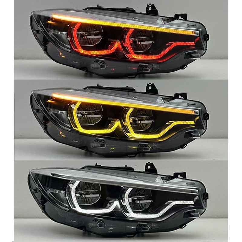 BMW F32 F33 F36 F80 F82 (2013–2019) LED priekiniai žibintai su trijų spalvų dienos šviesomis (raudona, geltona, balta)