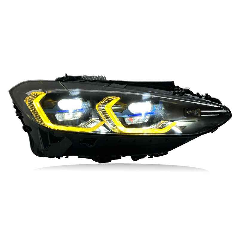 BMW 4 serijos G22, M3 G80, M4 G82 (2021–2024) priekiniai žibintai su geltonos ir baltos spalvų dienos šviesomis, LASER, plug-and-play