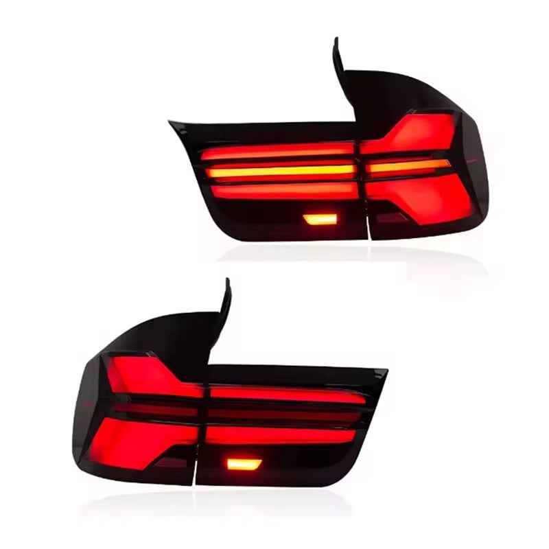 BMW X5 E70 (2007–2013) LED galiniai žibintai su atbulinės, stabdymo ir dienos šviesomis (F į G dizainas)